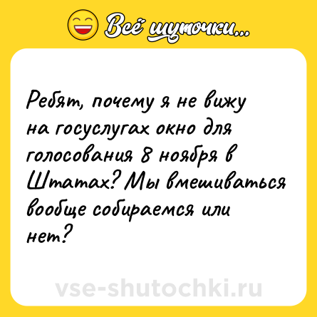Шутка: Ребят, почему я не вижу на госуслугах окно для голосования 8 ноября в Штатах? Мы вмешиваться вообще собираемся или нет?