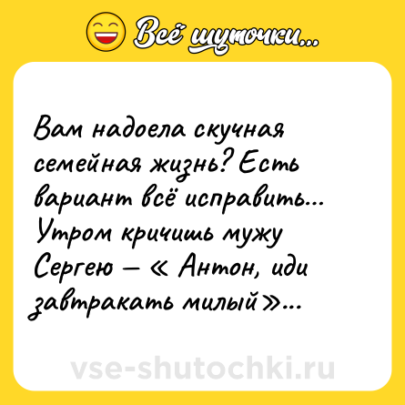 Шутка: Вам надоела скучная семейная жизнь? Есть вариант всё исправить… Утром кричишь мужу Сергею — « Антон, иди завтракать милый»...