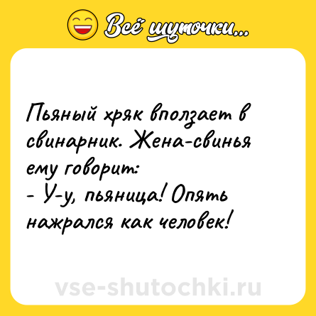 Шутка: Пьяный хряк вползает в свинарник. Жена-свинья ему говорит:<br>- У-у, пьяница! Опять нажрался как человек!
