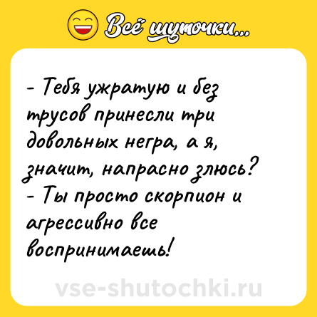 Шутка: - Тебя ужратую и без трусов принесли три довольных негра, а я, значит, напрасно злюсь?<br>- Ты просто скорпион и агрессивно все воспринимаешь!