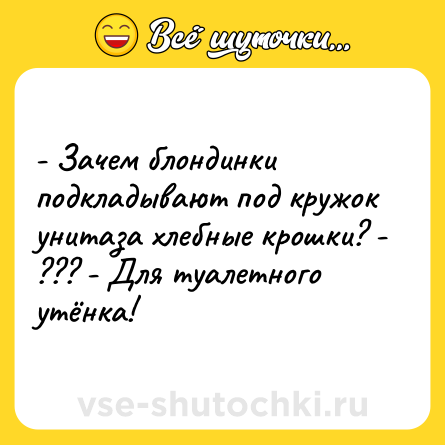 Шутка: - Зачем блондинки подкладывают под кружок унитаза хлебные крошки? - ??? - Для туалетного утёнка!
