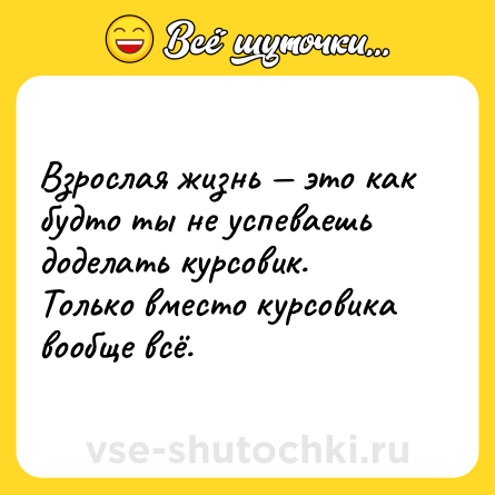Шутка: Взрослая жизнь — это как будто ты не успеваешь доделать курсовик. Только вместо курсовика вообще всё.