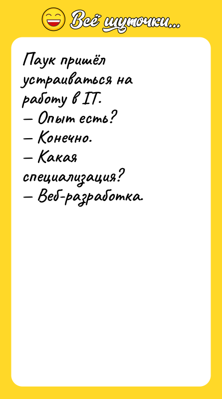 Шутка: Паук пришёл устраиваться на работу в IT. Опыт есть? Конечно. Какая специализация? Веб-разработка.
