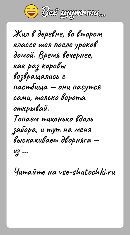 История: Жил в деревне, во втором классе шел после уроков домой. Время вечернее, как раз коровы возвращались с пастбища они