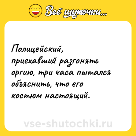 Шутка: Полицейский, приехавший разгонять оргию, три часа пытался объяснить, что его костюм настоящий. 