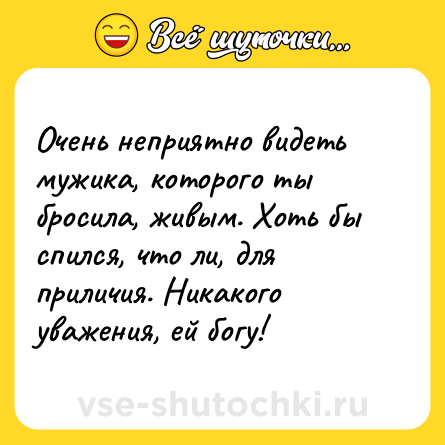 Шутка: Очень неприятно видеть мужика, которого ты бросила, живым. Хоть бы спился, что ли, для приличия. Никакого уважения, ей богу!