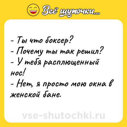 Шутка: - Ты что боксер? <br>- Почему ты так решил? <br>- У тебя расплющенный нос! <br>- Нет, я просто мою окна в женской бане.