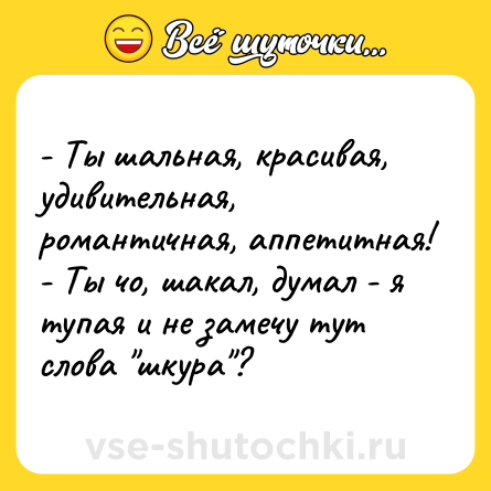 Шутка: - Ты шальная, красивая, удивительная, романтичная, аппетитная!<br>- Ты чо, шакал, думал - я тупая и не замечу тут слова 