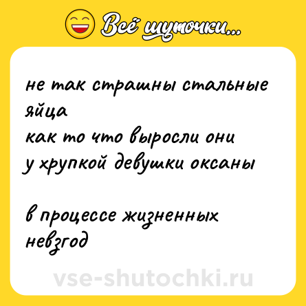 Шутка: не так страшны стальные яйца <br>как то что выросли они <br>у хрупкой девушки оксаны <br>в процессе жизненных невзгод