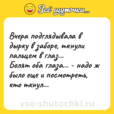 Шутка: Вчера подглядывала в дырку в заборе, ткнули пальцем в глаз...  <br>Болят оба глаза... - надо ж было еще и посмотреть, кто ткнул...