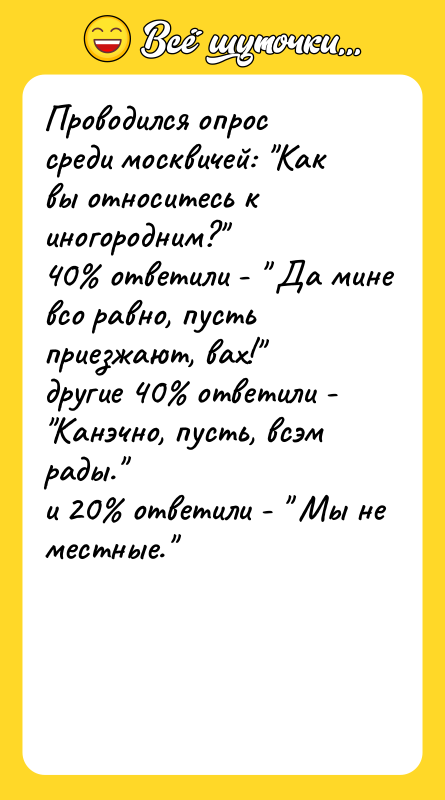 Проводился опрос среди москвичей: "Как вы относитесь к иногородним?" 40%