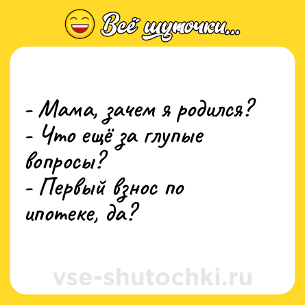 Шутка: - Мама, зачем я родился?<br>- Что ещё за глупые вопросы?<br>- Первый взнос по ипотеке, да?