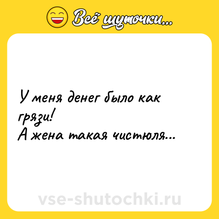 Шутка: У меня денег было как грязи!<br>А жена такая чистюля...