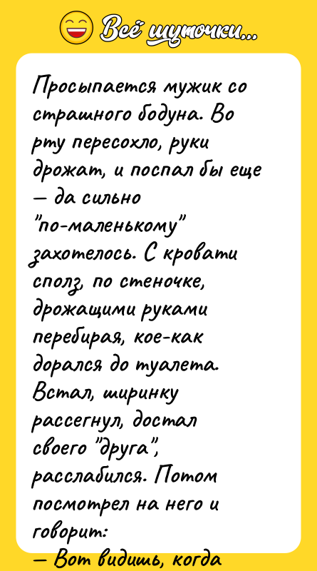 Просыпается мужик со страшного бодуна. Во рту пересохло, руки дрожат,