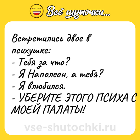 Шутка: Встретились двое в психушке: <br>- Тебя за что?<br>- Я Наполеон, а тебя?<br>- Я влюбился.<br>- УБЕРИТЕ ЭТОГО ПСИХА С МОЕЙ ПАЛАТЫ!