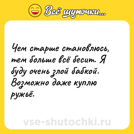 Шутка: Чем старше становлюсь, тем больше всё бесит. Я буду очень злой бабкой. Возможно даже куплю ружьё.