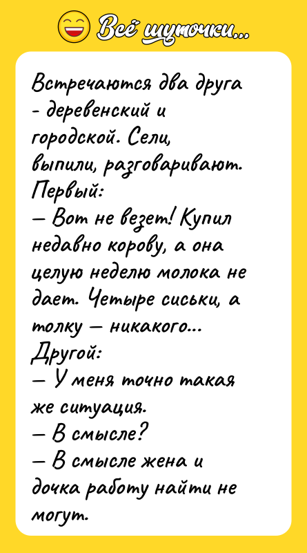 Встречаются два друга - деревенский и городской. Сели, выпили, разговаривают.