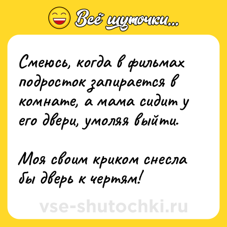 Шутка: Смеюсь, когда в фильмах подросток запирается в комнате, а мама сидит у его двери, умоляя выйти.<br><br>Моя своим криком снесла бы дверь к чертям!