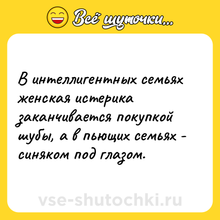 Шутка: В интеллигентных семьях женская истерика заканчивается покупкой шубы, а в пьющих семьях - синяком под глазом.