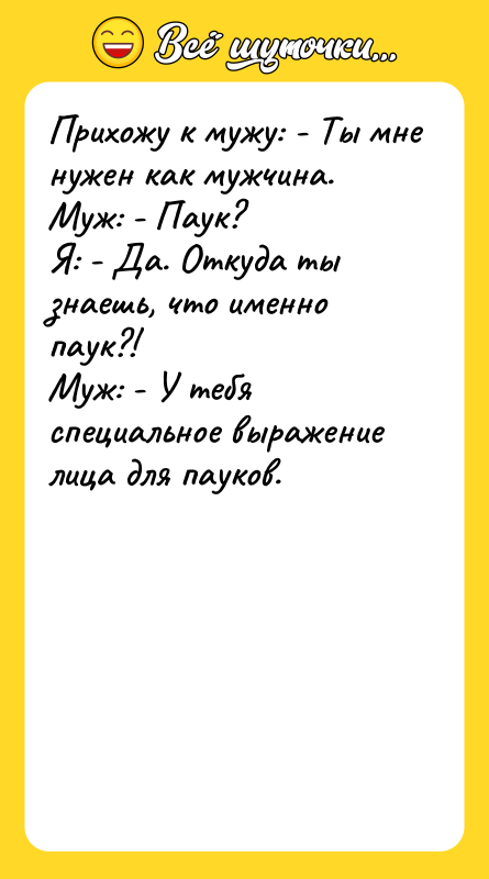 Прихожу к мужу: - Ты мне нужен как мужчина. Муж:
