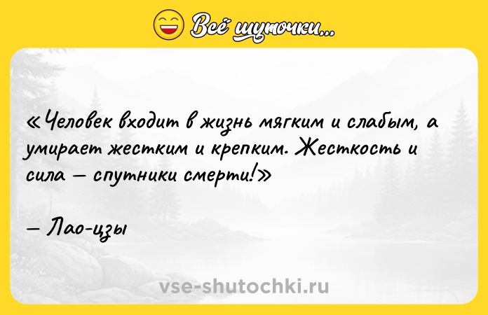 Цитата: Человек входит в жизнь мягким и слабым, а умирает жестким и крепким. Жесткость и сила спутники смерти!Лао-цзы