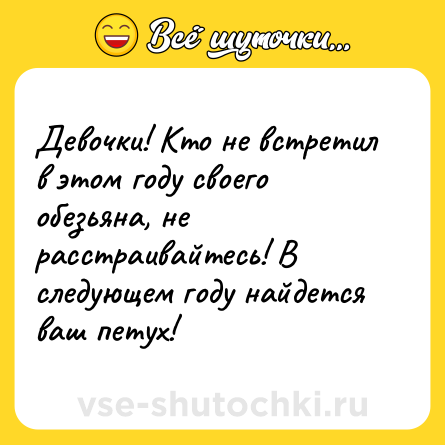 Шутка: Девочки! Кто не встретил в этом году своего обезьяна, не расстраивайтесь! В следующем году найдется ваш петух!