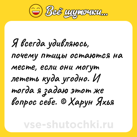 Шутка: Я всегда удивляюсь, почему птицы остаются на месте, если они могут лететь куда угодно. И тогда я задаю этот же вопрос себе. © Харун Яхья