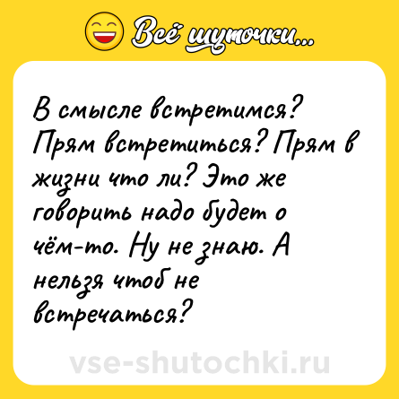 Шутка: В смысле встретимся? Прям встретиться? Прям в жизни что ли? Это же говорить надо будет о чём-то. Ну не знаю. А нельзя чтоб не встречаться?
