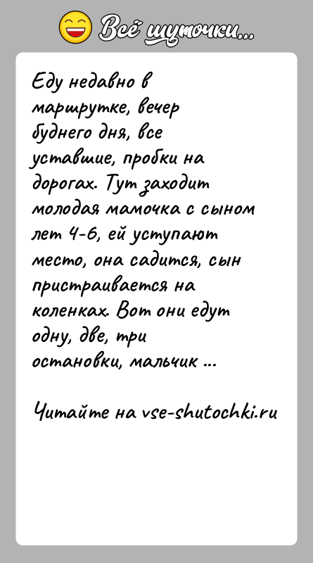 История: Еду недавно в маршрутке, вечер буднего дня, все уставшие, пробки на дорогах. Тут заходит молодая мамочка с сыном лет 4-6,