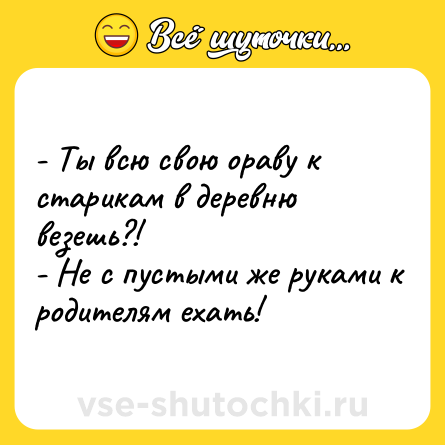 Шутка: - Ты всю свою ораву к старикам в деревню везешь?!- Не с пустыми же руками к родителям ехать!