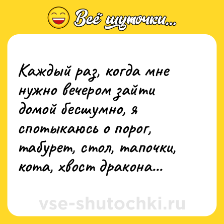 Шутка: Каждый раз, когда мне нужно вечером зайти домой бесшумно, я спотыкаюсь о порог, табурет, стол, тапочки, кота, хвост дракона...