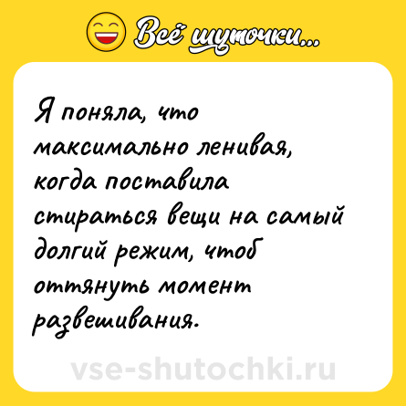 Шутка: Я поняла, что максимально ленивая, когда поставила стираться вещи на самый долгий режим, чтоб оттянуть момент развешивания.