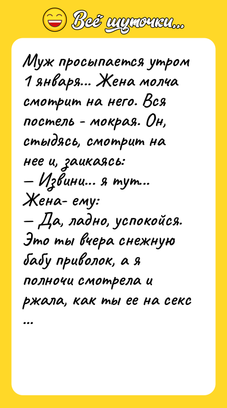 Муж просыпается утром 1 января... Жена молча смотрит на него.