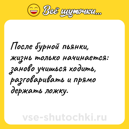 Шутка: После бурной пьянки, жизнь только начинается: заново учишься ходить, разговаривать и прямо держать ложку.