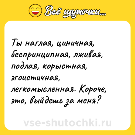 Шутка: Ты наглая, циничная, беспринципная, лживая, подлая, корыстная, эгоистичная, легкомысленная. Короче, это, выйдешь за меня?