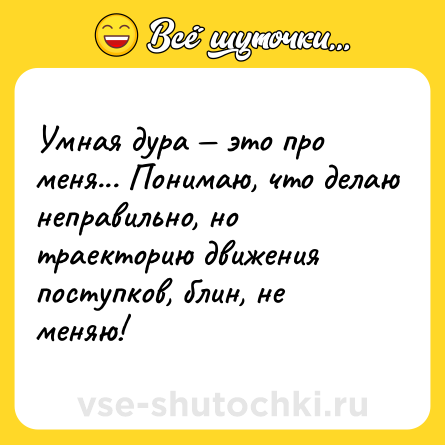 Шутка: Умная дура — это про меня... Понимаю, что делаю неправильно, но траекторию движения поступков, блин, не меняю!
