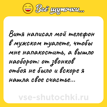 Шутка: Витя написал мой телефон в мужском туалете, чтобы мне напакостить, а вышло наоборот: от звонков отбоя не было и вскоре я нашла свое счастье…