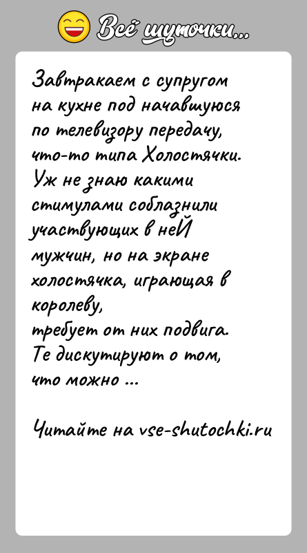История: Завтракаем с супругом на кухне под начавшуюся по телевизору передачу,что-то типа Холостячки. Уж не знаю какими стимулами соблазнилиучаствующих в неЙ