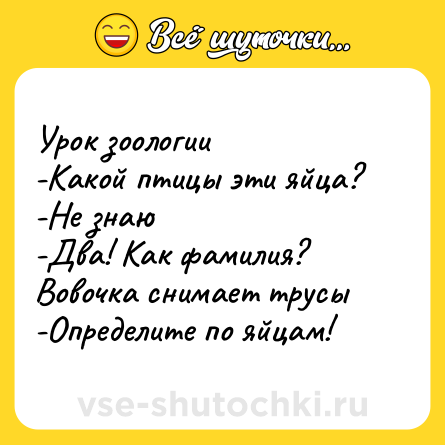 Шутка: Урок зоологии<br>-Какой птицы эти яйца?<br>-Не знаю<br>-Два! Как фамилия?<br>Вовочка снимает трусы<br>-Определите по яйцам!
