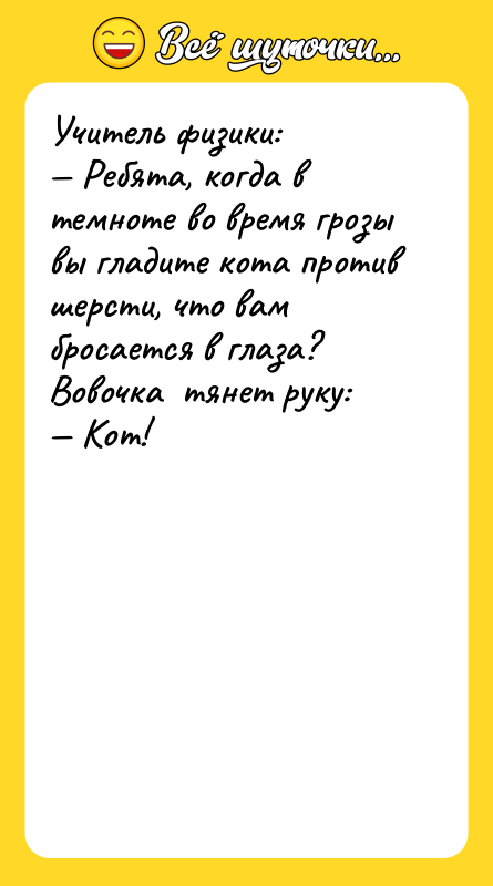 Учитель физики: — Ребята, когда в темноте во время грозы