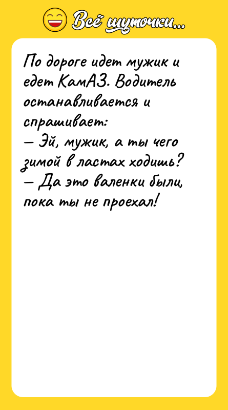 По дороге идет мужик и едет КамАЗ. Водитель останавливается и