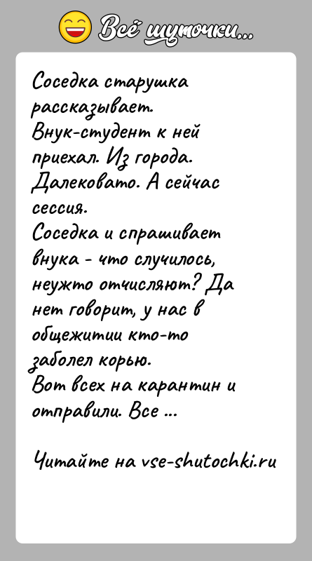 История: Соседка старушка рассказывает. Внук-студент к ней приехал. Из города. Далековато. А сейчас сессия.Соседка и спрашивает внука - что случилось, неужто