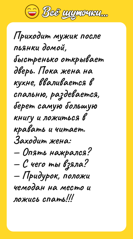Приходит мужик после пьянки домой, быстренько открывает дверь. Пока жена