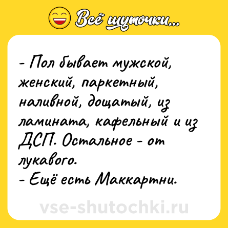 Шутка: - Пол бывает мужской, женский, паркетный, наливной, дощатый, из ламината, кафельный и из ДСП. Остальное - от лукавого.- Ещё есть Маккартни.