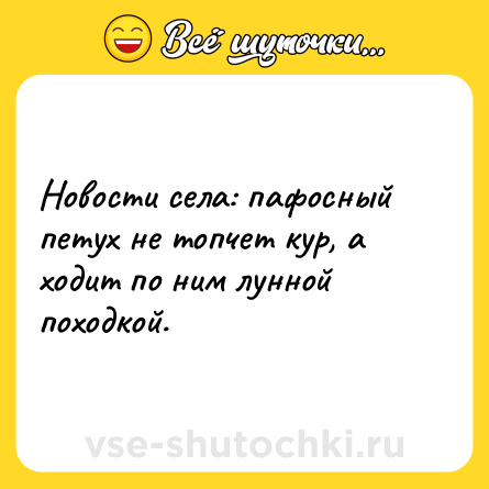 Шутка: Новости села: пафосный петух не топчет кур, а ходит по ним лунной походкой.