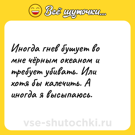 Шутка: Иногда гнев бушует во мне чёрным океаном и требует убивать. Или хотя бы калечить. А иногда я высыпаюсь.