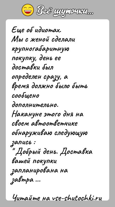 История: Еще об идиотах.Мы с женой сделали крупногабаритную покупку, день ее доставки былопределен сразу, а время должно было быть сообщено дополнительно.Накануне