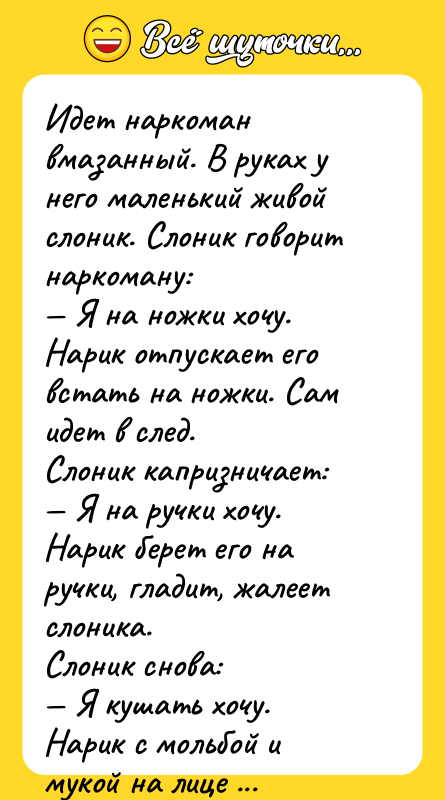 Идет наркоман вмазанный. В руках у него маленький живой слоник.