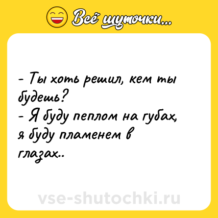 Шутка: - Ты хоть решил, кем ты будешь?<br>- Я буду пеплом на губах, я буду пламенем в глазах..