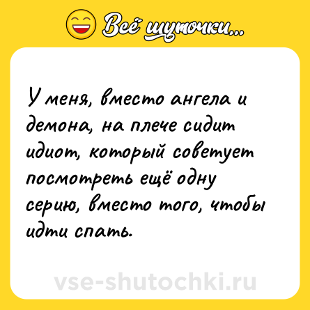 Шутка: У меня, вместо ангела и демона, на плече сидит идиот, который советует посмотреть ещё одну серию, вместо того, чтобы идти спать.